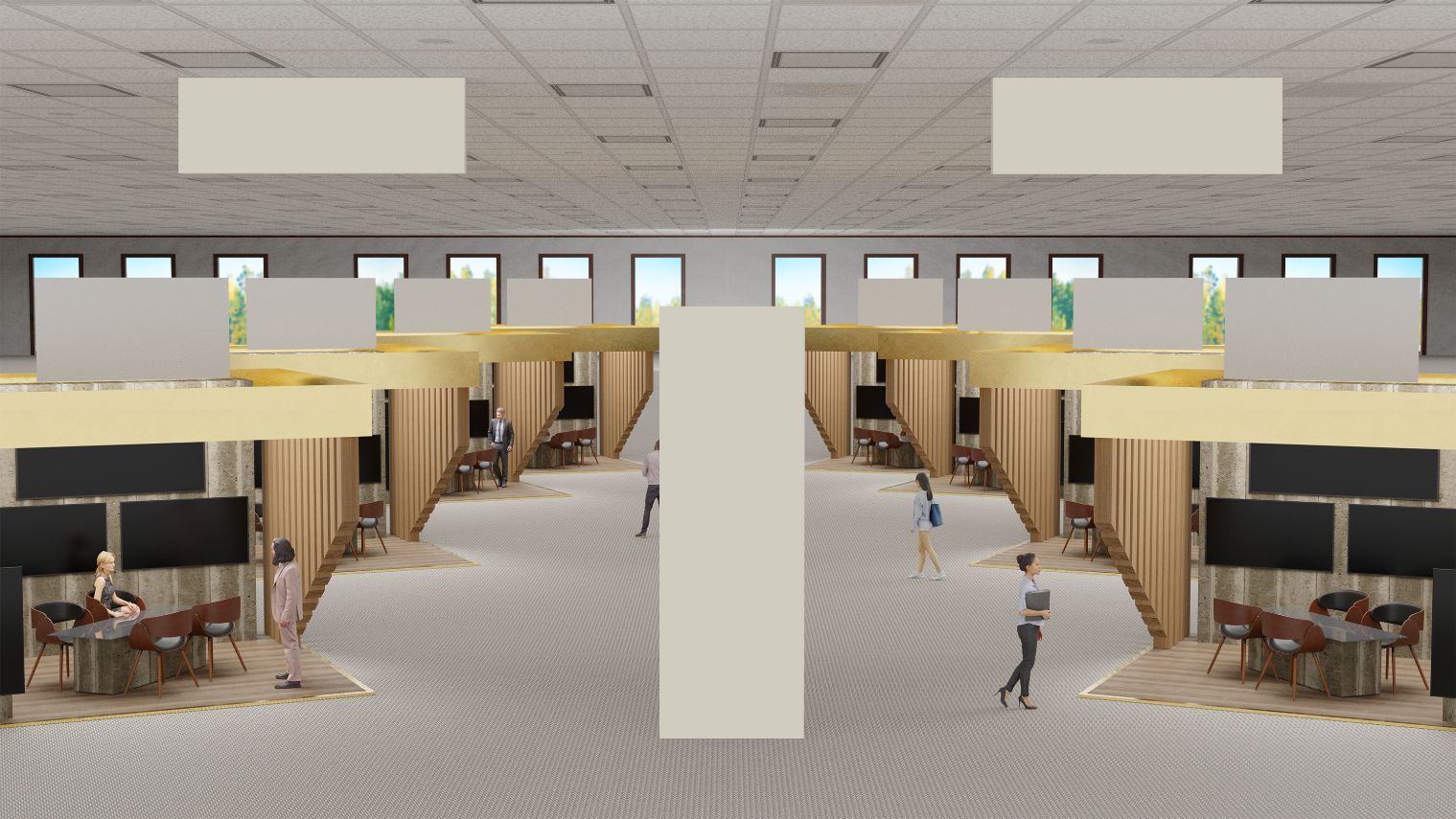 Il render 3D di un'area espositiva fieristica