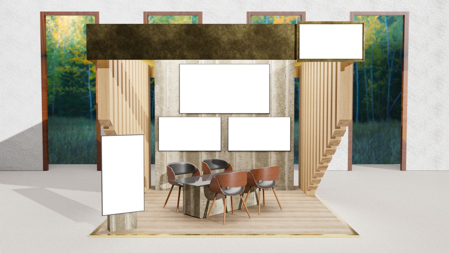 Il render 3D di uno stand fieristico in legno e metallo