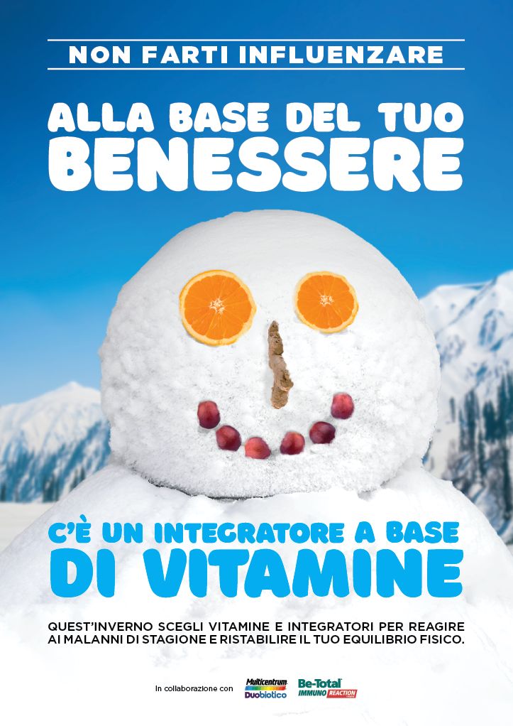 ADV con un simpatico uomo di neve con della frutta sulla faccia