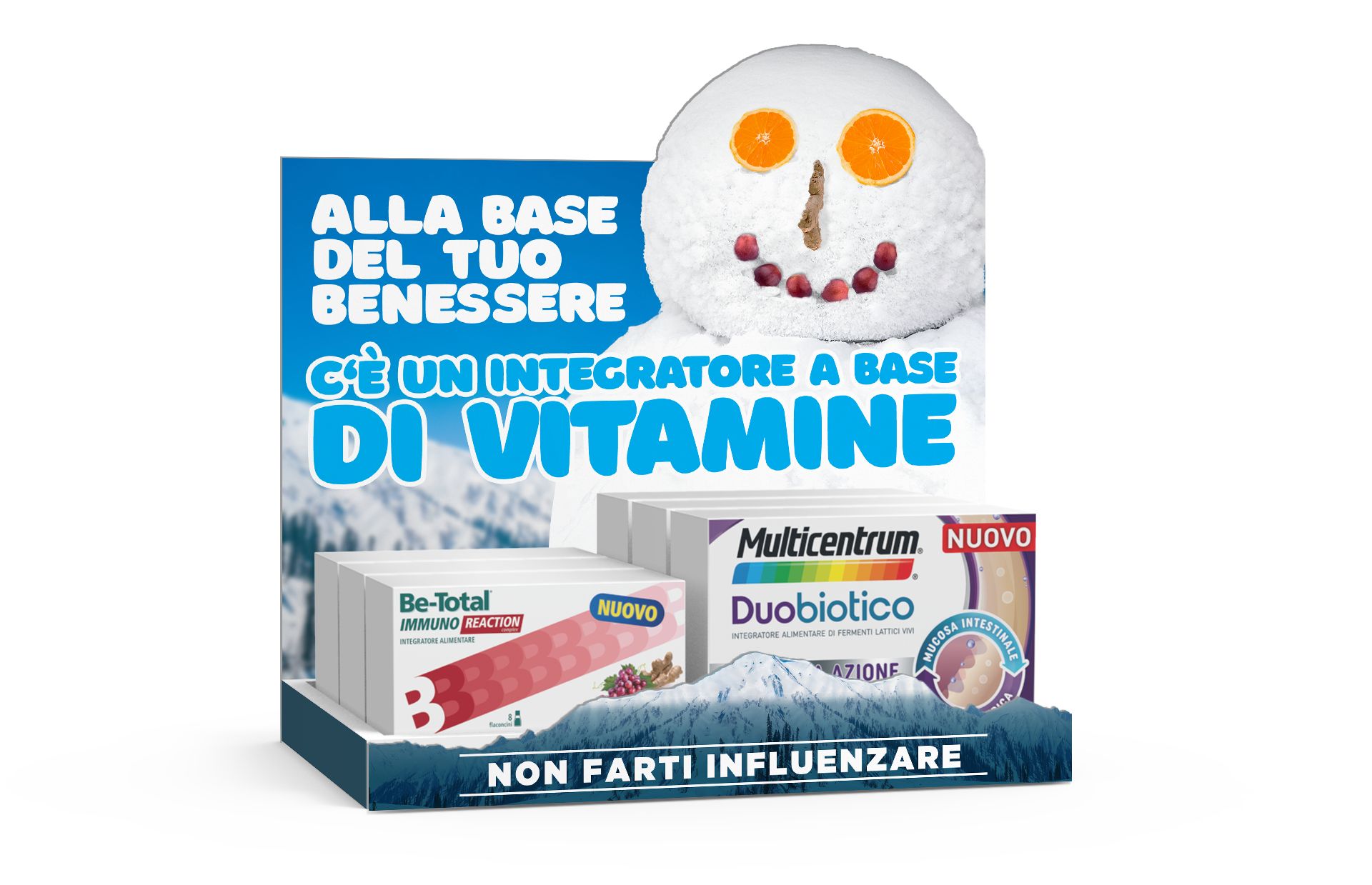 Un espositore da banco di Pfizer con un uomo di neve